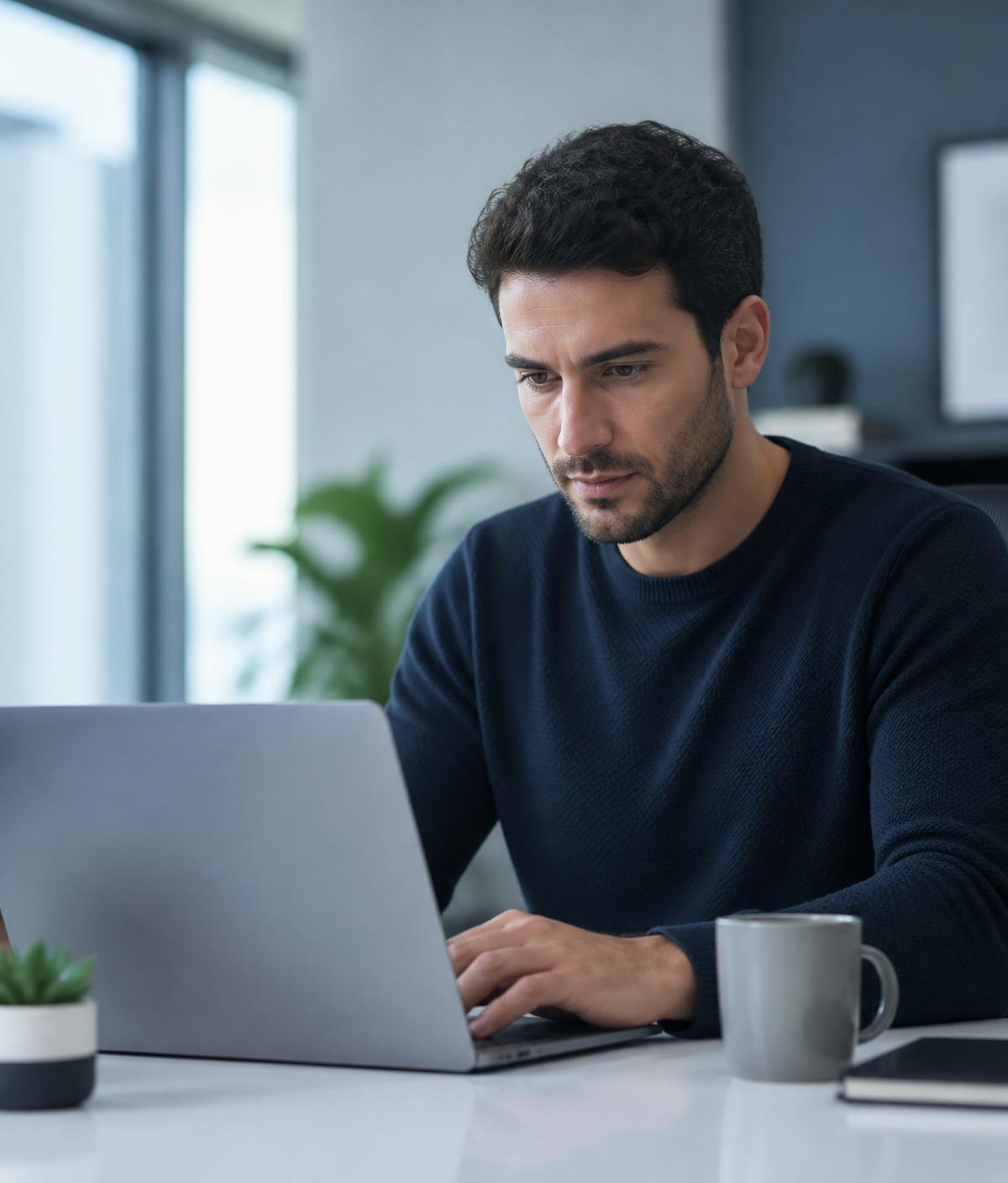 Professional working with AI tools at a modern desk