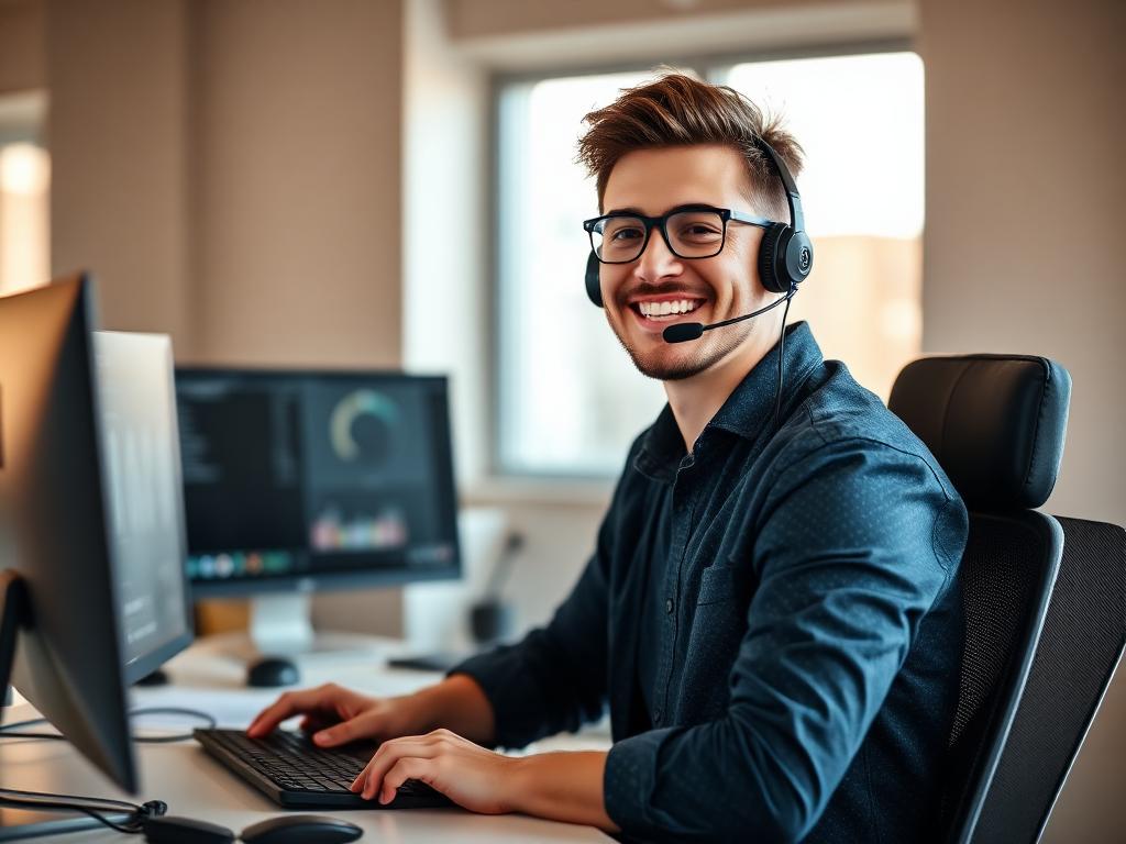 Customer support specialist at a dual-monitor desk